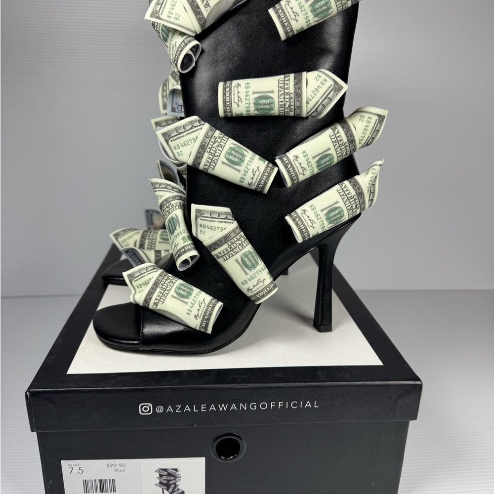 Azalea Wang Dinero Black Money Heels Multi Sizes Dollar Bill Statement Boot NWT - Picture 2 of 8